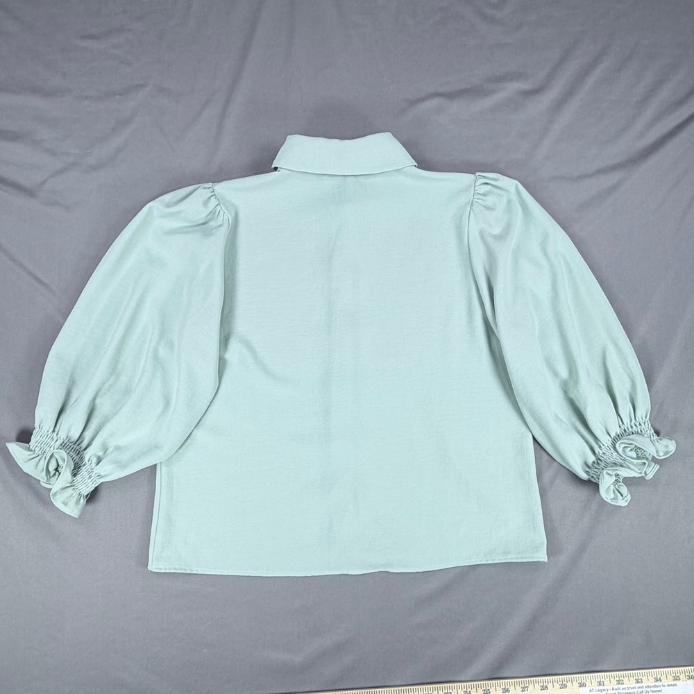 Zara Womens XS Mint Green Pearl Rhinestone Collar Puff Sleeve Button Up Blouse - Picture 5 of 8